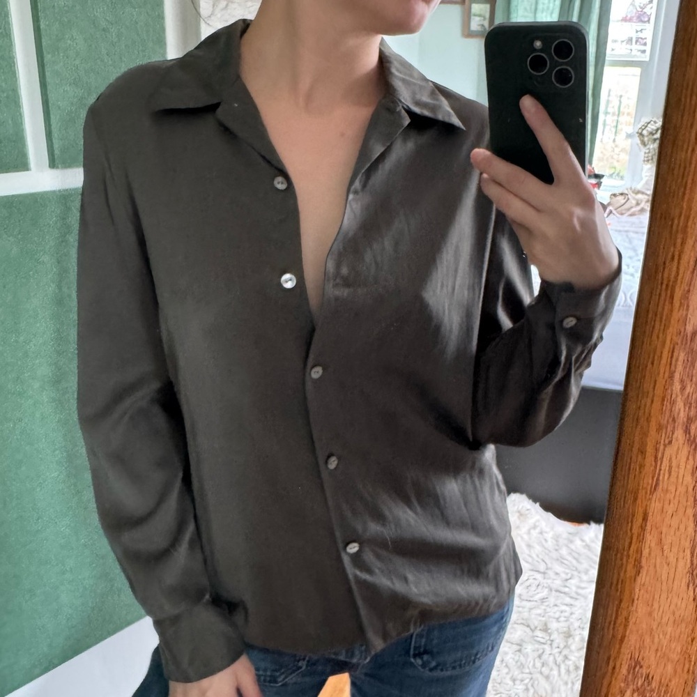 Talora Olive Green Silk Blouse Small